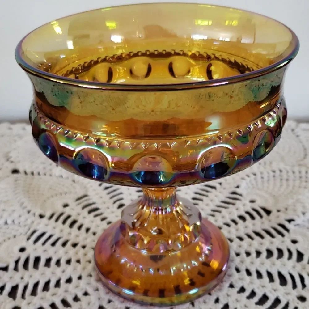 Pretty Gold Carnival Glass Pedestal Compote Candy Dish